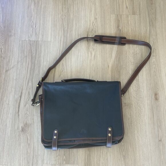 Roots Canada Leather Laptop Messenger Bag Breifcase Crossbody Black Brown - Picture 3 of 11